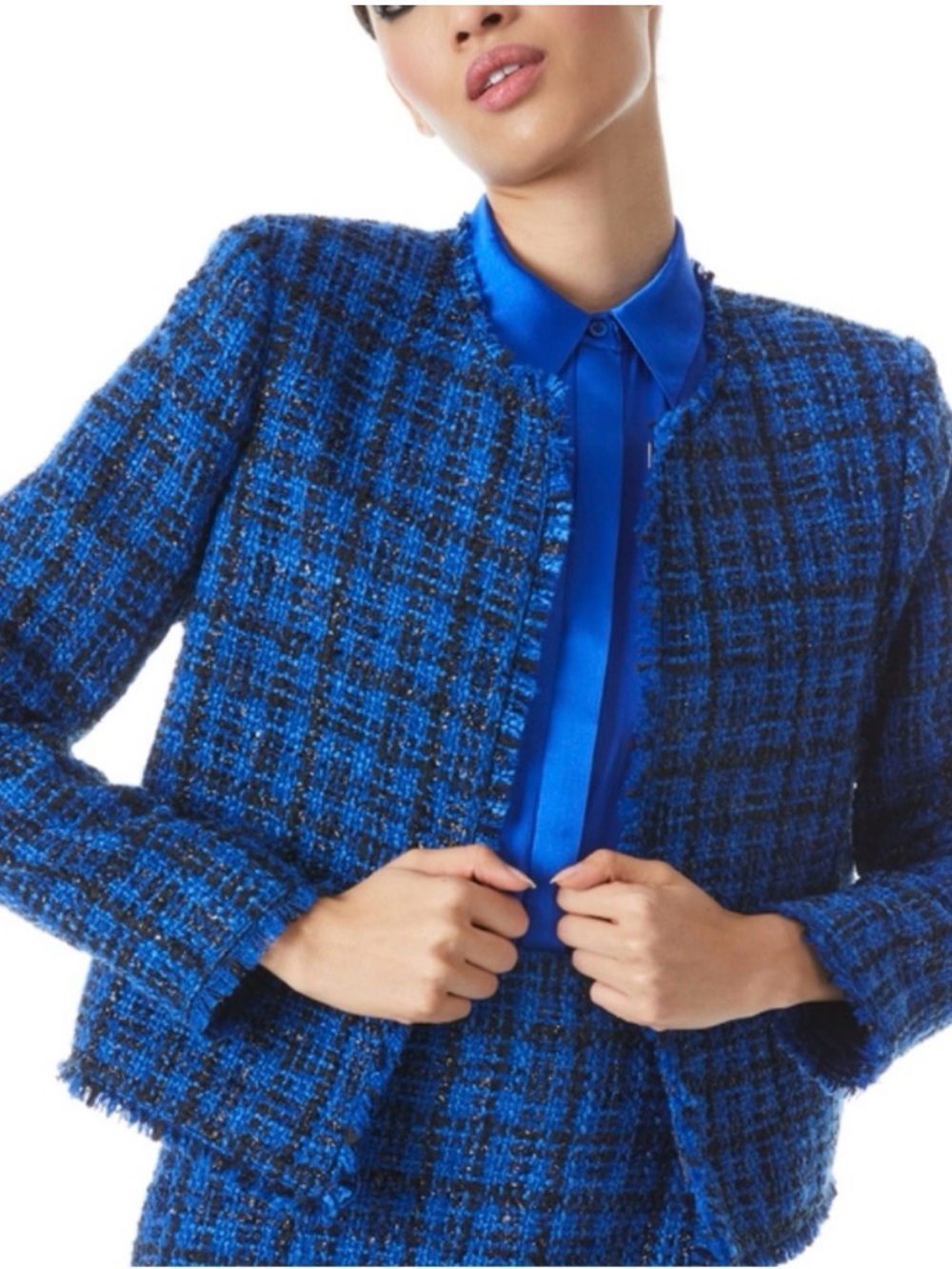 NWT Alice+Olivia Royal Blue and Black Kidman Tweed Jacket w/ Fringe Trim - Picture 4 of 8